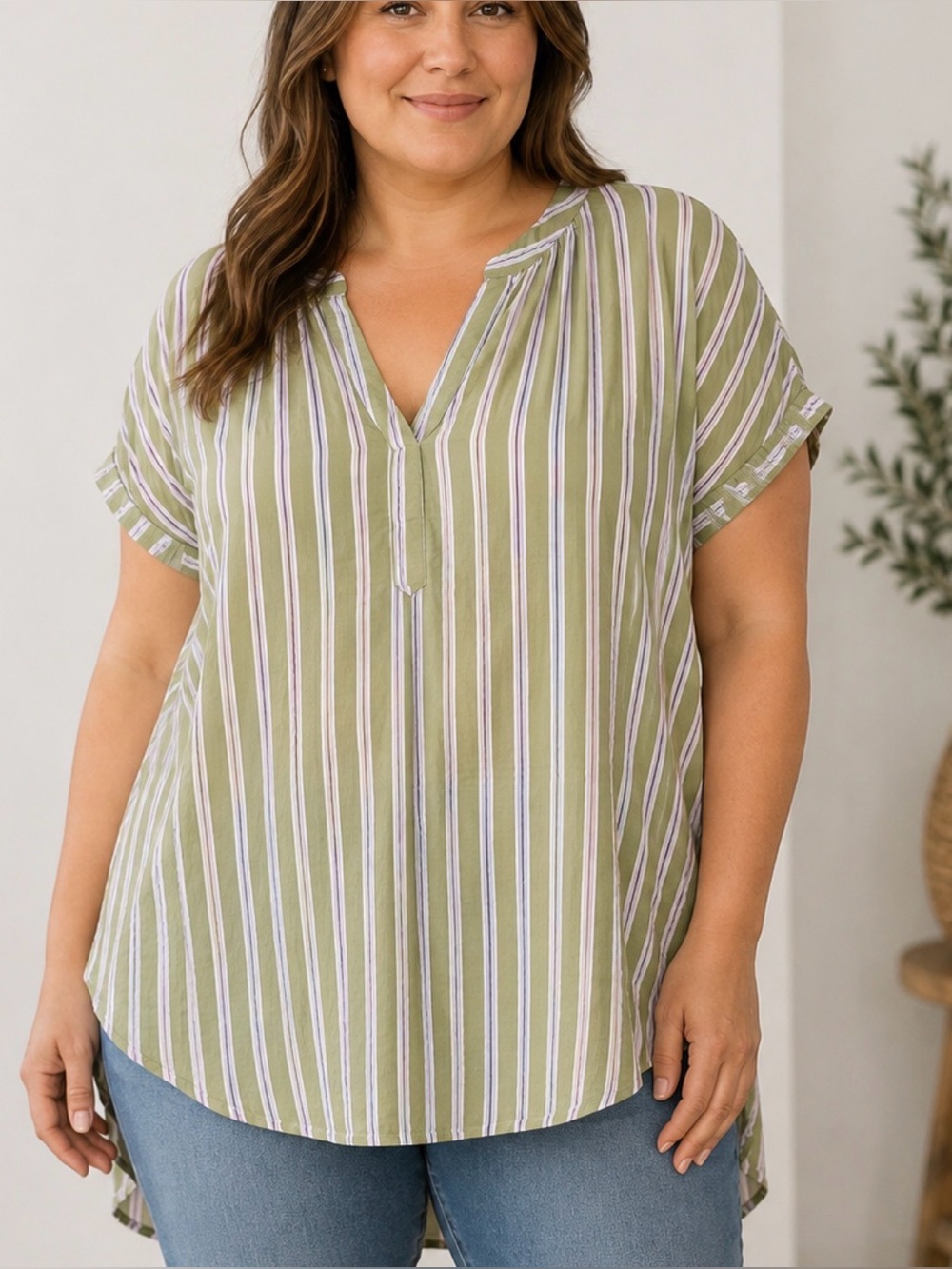 Lane Bryant Olive, White & Lavender Striped V-Neck Blouse